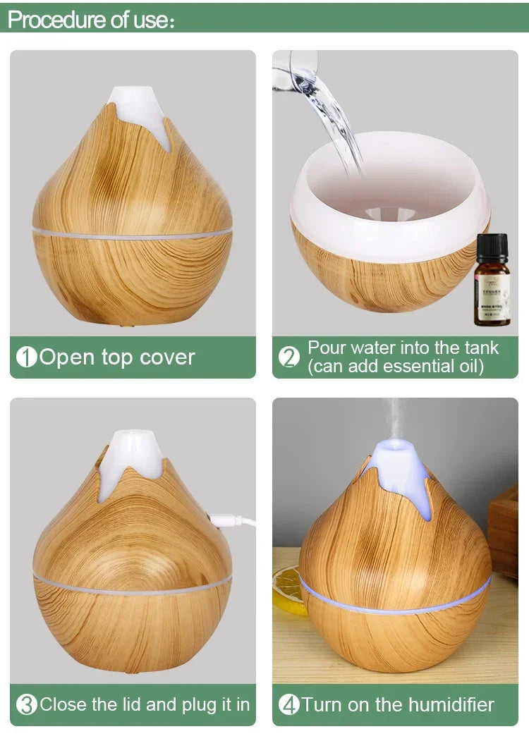 350ML Wood Grain Essential Oil Diffuser – Remote Control & LED Light