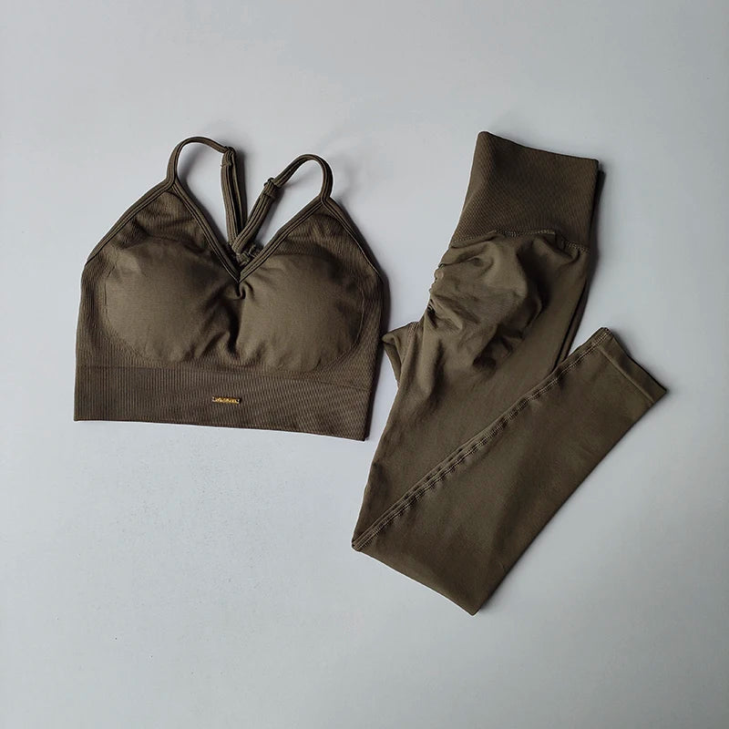 Seamless Women's V-Neck Bra & Leggings Fitness Yoga Set